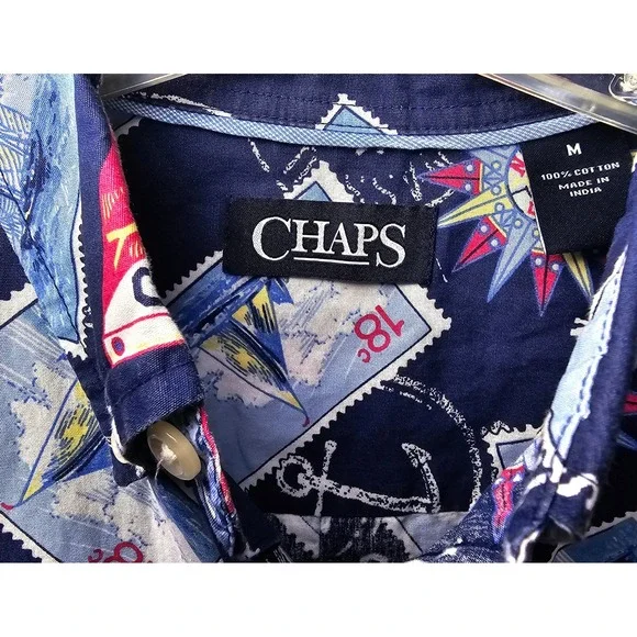 Chaps Mens Medium Navy Blue Nautical Postage Stamp Sailboat Cotton Button Down - Picture 3 of 6